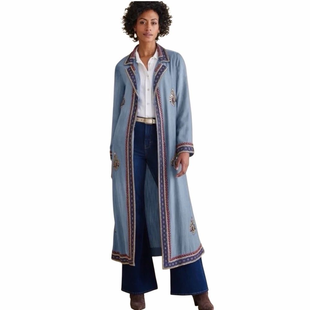 Soft Surroundings $350 Noelia Tencel Duster Denim Look Embroidered Boho L NWT